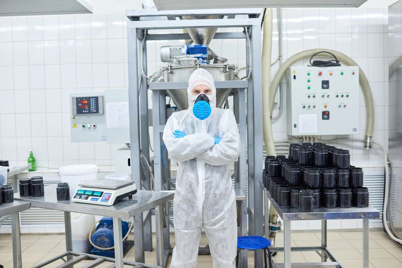 Technicien en combinaison de protection et masque dans une usine alimentaire